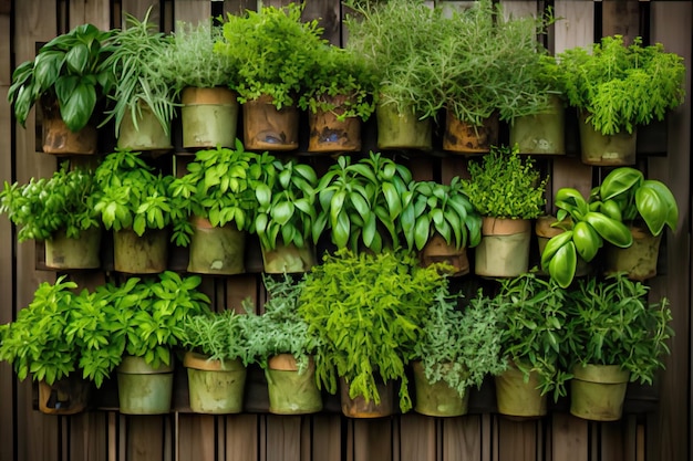 Fresh Outdoor Herbs Delicately Arranged in Pots on a Rustic Wooden Pallet