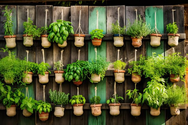 Fresh Outdoor Herbs Delicately Arranged in Pots on a Rustic Wooden Pallet