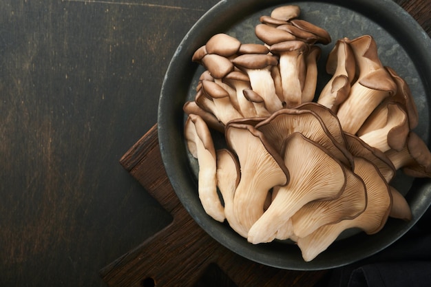 Fresh oyster mushrooms Iron old bowl of delicious organic oyster mushrooms on old wooden background top view with space for text