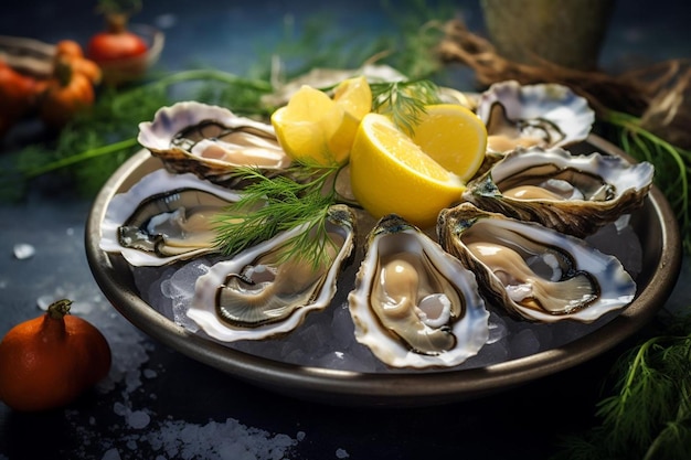 Fresh oysters on the half shell with lemon wedg Seafood Photos 1845jpg