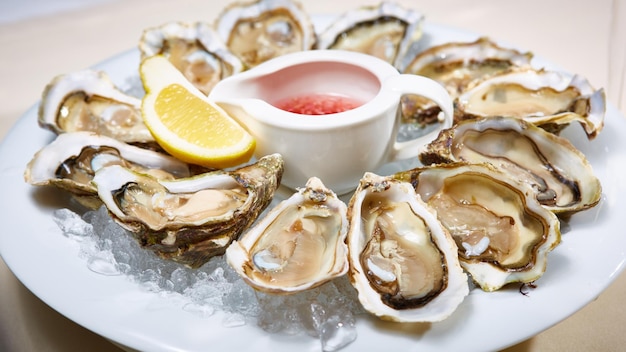 Fresh oysters on ice with lemon close up Shallow dof