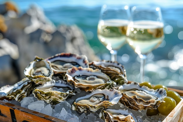 Fresh oysters on ice with white wine by the ocean luxury seaside dining