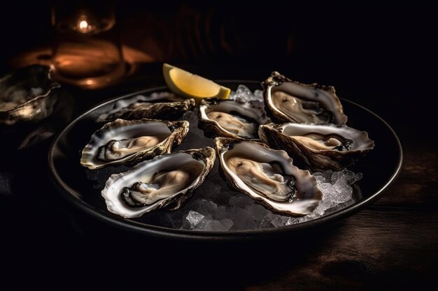 Fresh oysters on a plate with ice and lemon Serving oysters in a restaurant Generative AI