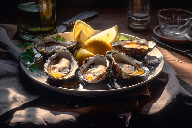 Fresh oysters on a plate with ice and lemon Serving oysters in a restaurant Generative AI