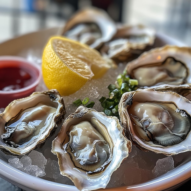 Fresh oysters served on ice with a lemon wedge