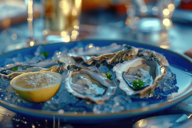 Fresh Oysters served with lemon and champagne in restaurant