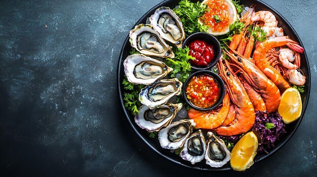 Photo fresh oysters and shrimp on ice with lemon and red sauce