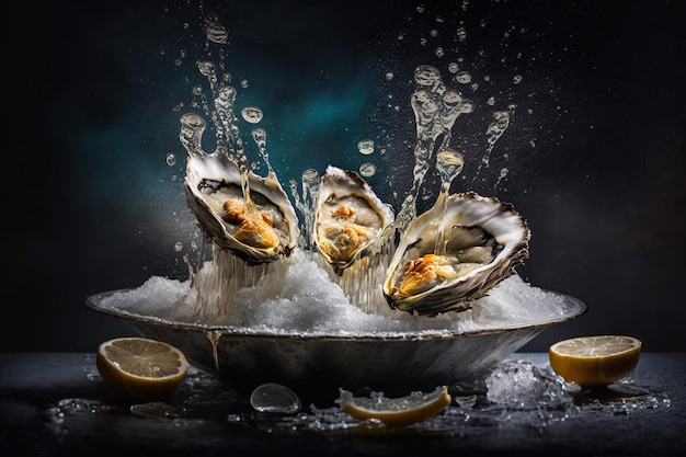 Fresh oysters in splash on a plate with ice and lemon Illustration with oysters Generative AI