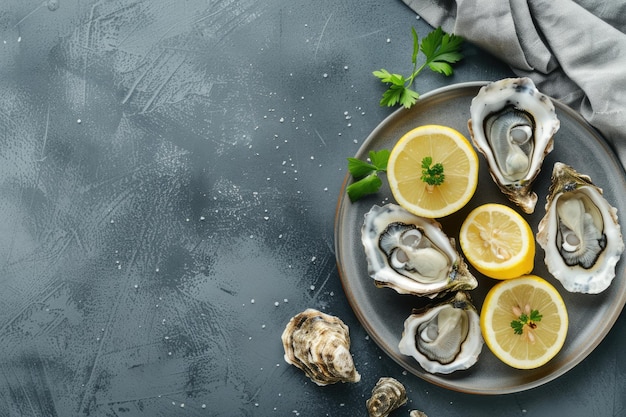 Photo fresh oysters with lemon on grey background