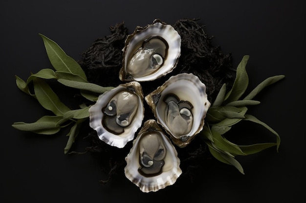 Photo fresh oysters with seaweed garnish