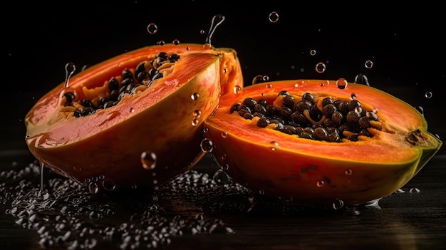 Fresh Papaya hit by splashes of water with black blur background