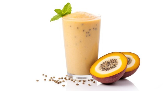 Fresh passion fruit white Juice white background copy space