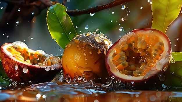 Fresh Passion Fruit With Dew Drops Sliced Open And Bathed In Sunlight Tropical Fruits Summer vibe