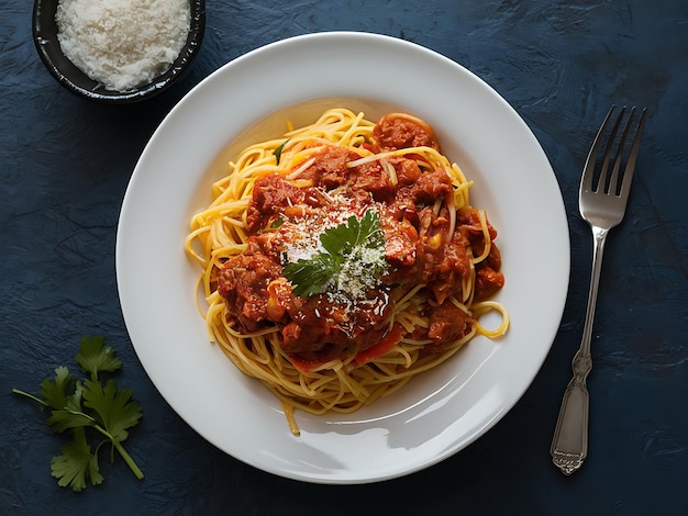 Photo fresh pasta noodle and spaghetti with hearty bolognese and parmesan cheese