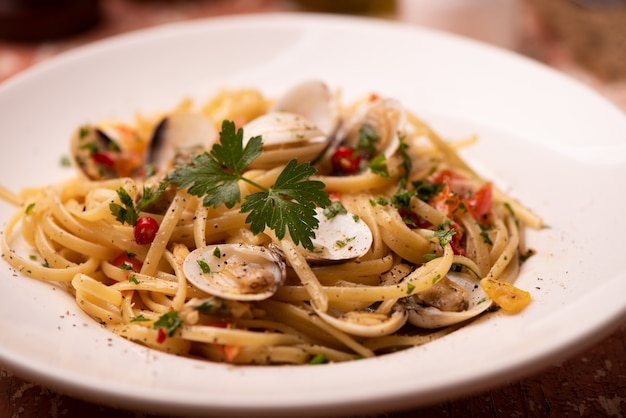 Fresh pasta with seafood close up