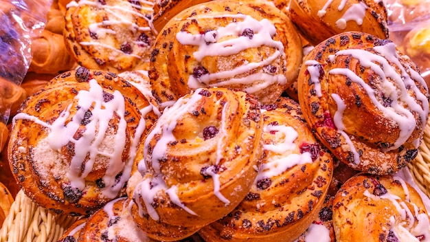 Fresh pastries on the counter closeup