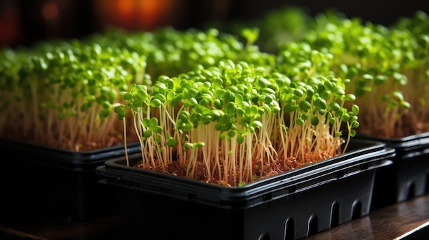 Photo fresh pea microgreen sprouts on a black wooden table