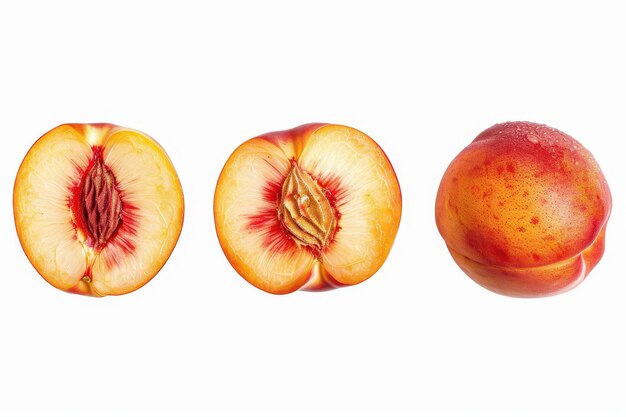 Photo fresh peach fruit sliced in half and arranged in rows top view white background