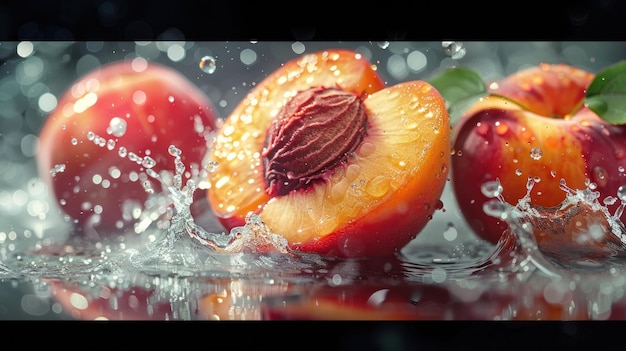 fresh peach fruit water splash closeup