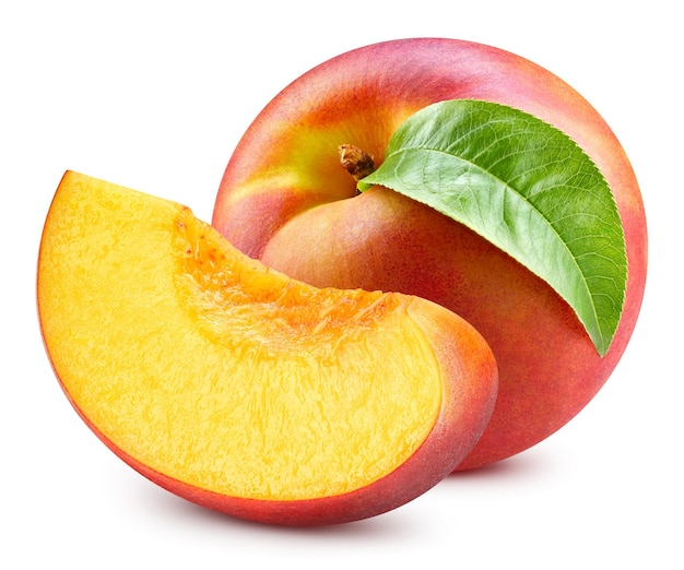 Fresh peach isolated on white background. Peach clipping path. Fresh organic peach. Full depth