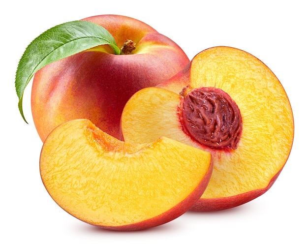 Fresh peach with leaf isolated on white with clipping path