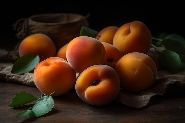 Fresh peaches stacked on top of a wooden table