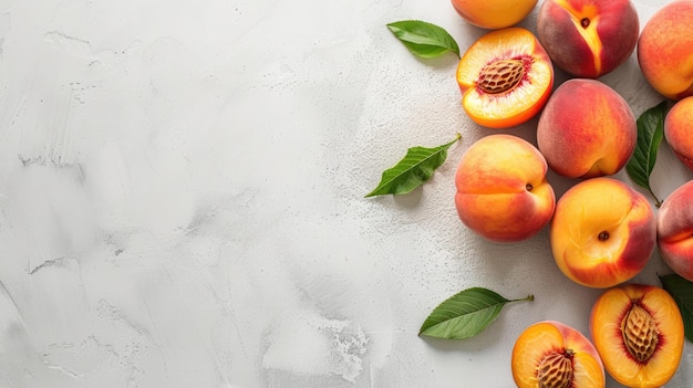 Photo fresh peaches with green leaves on white textured background