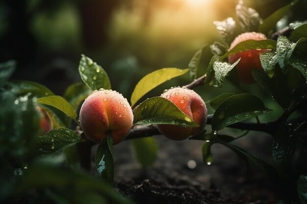 Fresh peaches with rain drops of water Natural Fruit growing on a tree in the summer