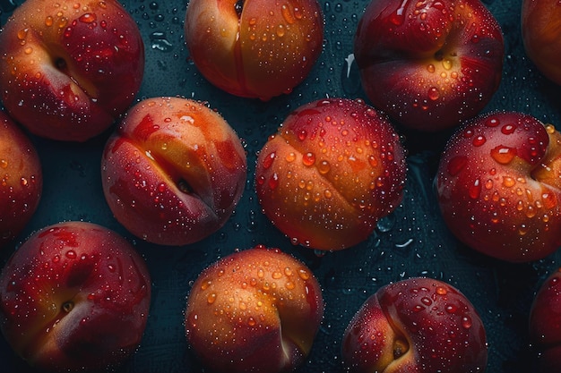 Fresh peaches with water drops on a dark background