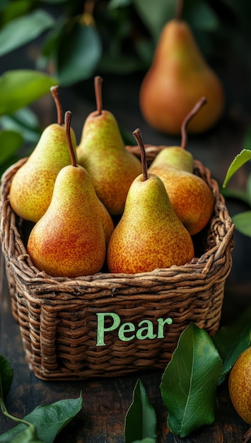 Photo fresh pear text in green font with basket of pears in garden setting elegant ripe fruits background for text space