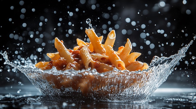 Photo a fresh penne alla vodka half suspended in midair with droplets of water glistening on its pasta and sauce captured in a dynamic moment with splashes surrounding it set against a dark textured