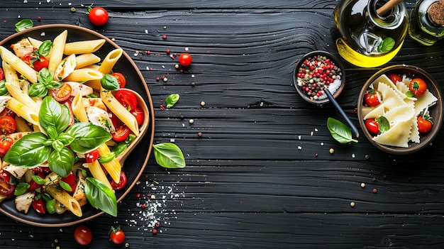 Photo fresh penne chicken pasta with tomato sauce on a wooden table