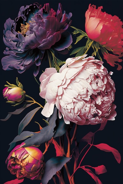 Fresh peony flowers on black isolated background stylish modern retro color concept for mockup and poster copy space space for text modern colors Generative AI