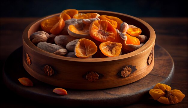 Fresh persimmon fruit with leaves in wooden bowl on dark backgroundgenerative ai