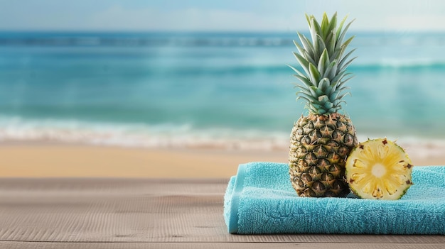 A fresh pineapple on a beach towel ocean waves gently rolling in behind it sunny and vibrant perfect