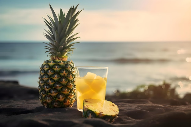 Fresh pineapple juice and exotic fruits on the background of the sea Generative AI 1