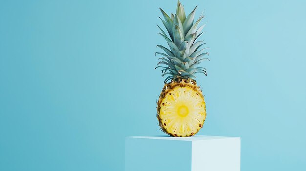 Fresh pineapple slice are placed on white podium on blue background Empty space for Generative AI