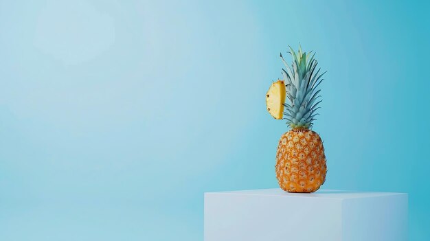 Fresh pineapple slice are placed on white podium on blue background Empty space for Generative AI