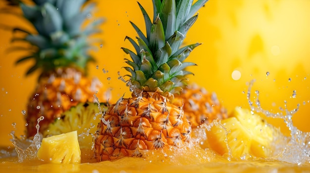 Fresh pineapples splashing in water against a yellow background vibrant colors dynamic fruit photography perfect for summer themes AI