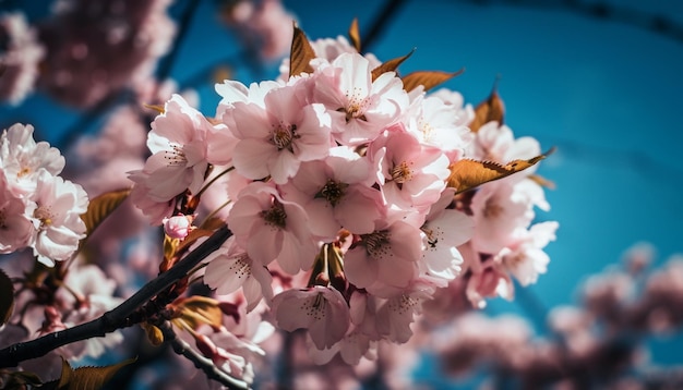 Fresh pink cherry blossoms on spring branch generated by AI