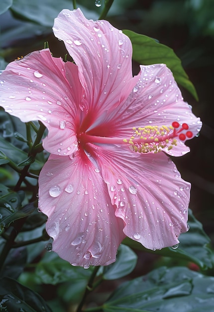 Fresh pink hibiscus flower with water droplets after rain