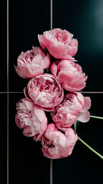 Fresh pink peony flowers black background flat lay