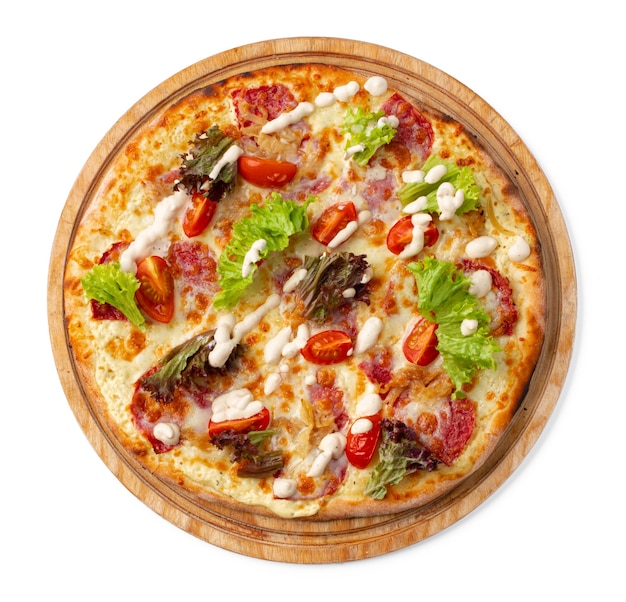 Fresh pizza on wooden board isolated on white