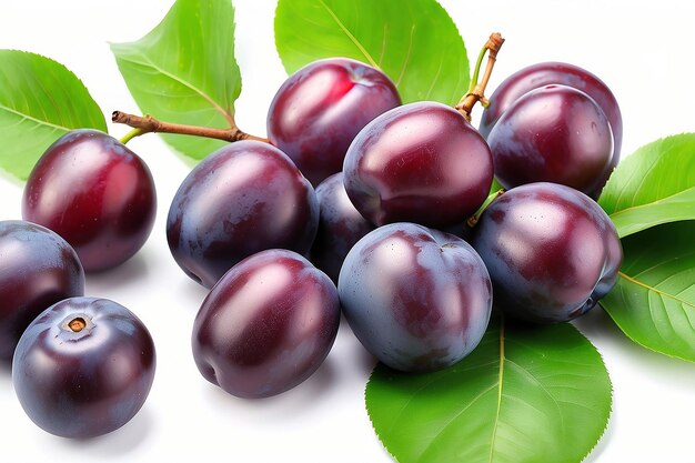 Photo fresh plum fruit with green leaf on white background