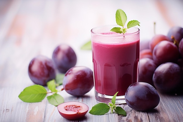 Fresh plums juice on the white wooden surface