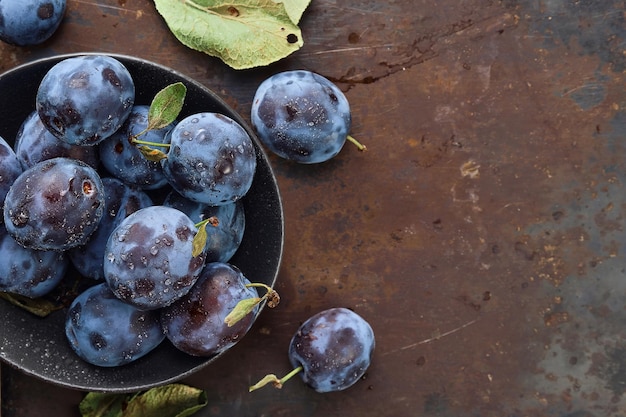 Fresh plums with leaves in a black plate on an old table horizontal background top view with copy space Beautiful ripe prunes harvesting fruits in autumn eco products from the farm