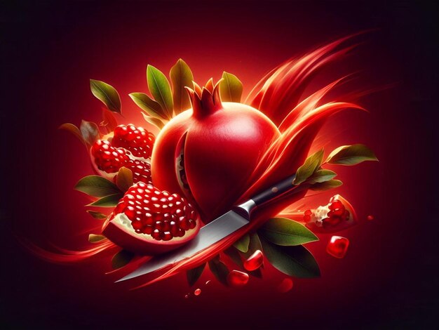 A Fresh Pomegranate Artwork Adorned with Leaves and a Knife