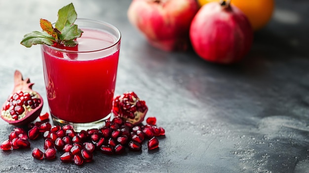 Fresh Pomegranate Juice and Fruits on Grey Table