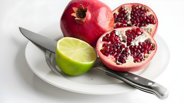 Fresh Pomegranate and Lime Slices on White Plate Vibrant and Zesty Fruit Display