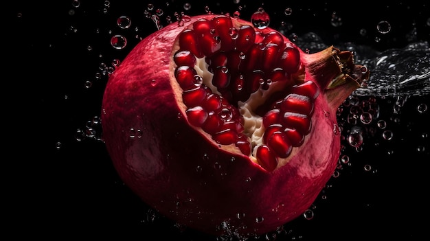 Fresh pomegranate with water splashes and drops on black background